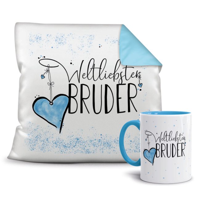 Bild von Geschenk-Set - Weltliebster Bruder - Kissen und Tasse Hellblau