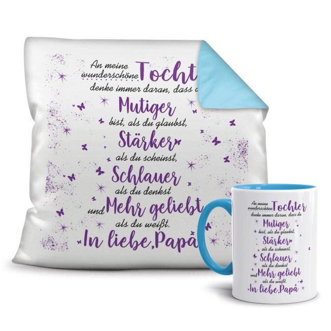 Bild von Geschenk-Set - Vater für Tochter - Kissen und Tasse Hellblau