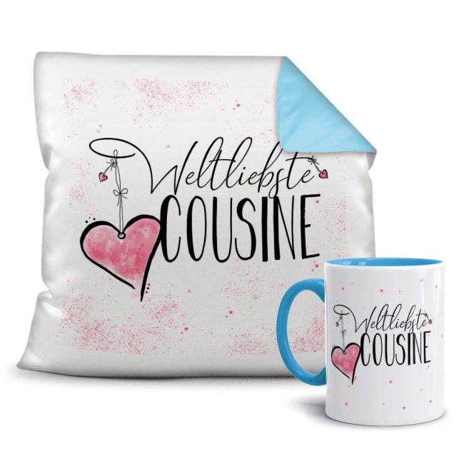 Bild von Geschenk-Set - Weltliebste Cousine - Kissen und Tasse Hellblau