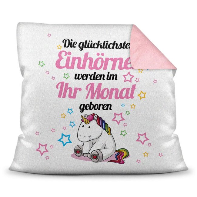 Bild von PR Print Royal Personalisiertes Geburtstags-Kissen mit Monatsangabe - Glückliches Einhorn - Geschenkidee/Deko-Kissen / 40x40 / Tiermotive/TOP-Qualität - Rückseite Altrosa inkl. Füllung