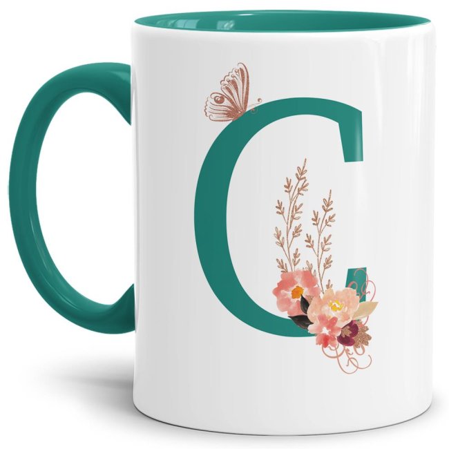 Bild von Buchstaben-Tasse mit Blumen Buchstabe C" - Innen & Henkel Türkis"