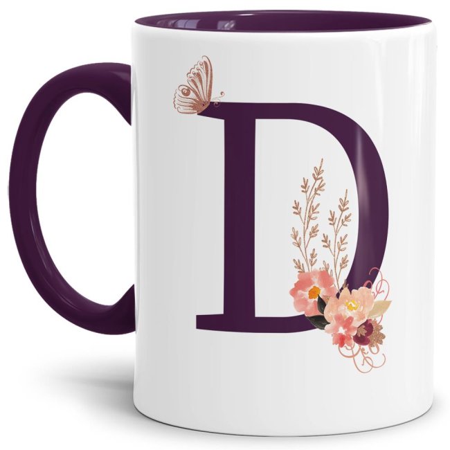 Bild von Buchstaben-Tasse mit Blumen Buchstabe D" - Innen & Henkel Violett"