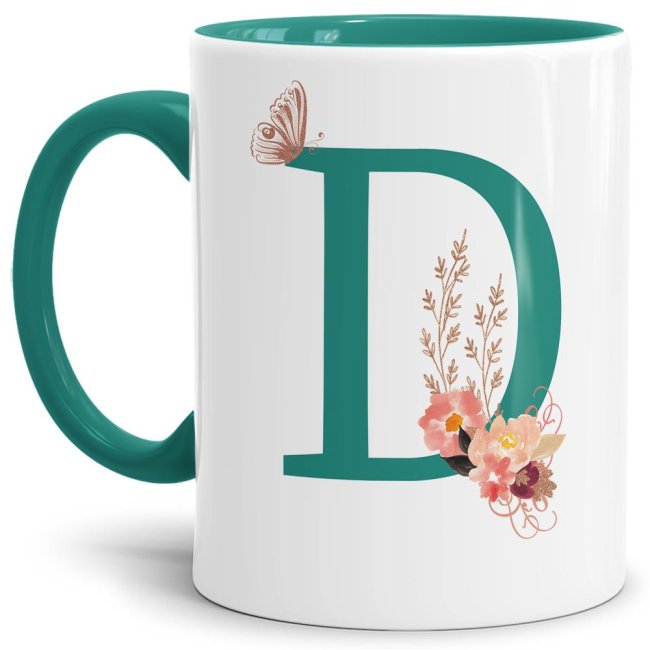 Bild von Buchstaben-Tasse mit Blumen Buchstabe D" - Innen & Henkel Türkis"