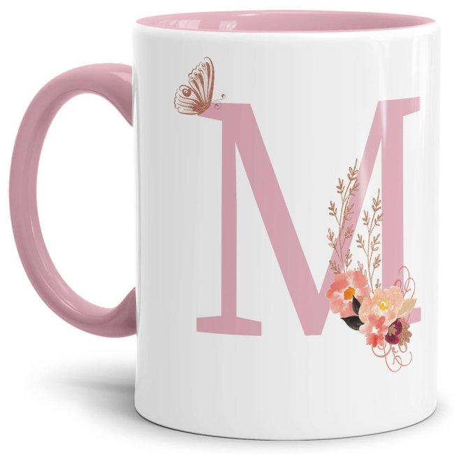 Bild von Buchstaben-Tasse mit Blumen Buchstabe M" - Innen & Henkel Rosa"