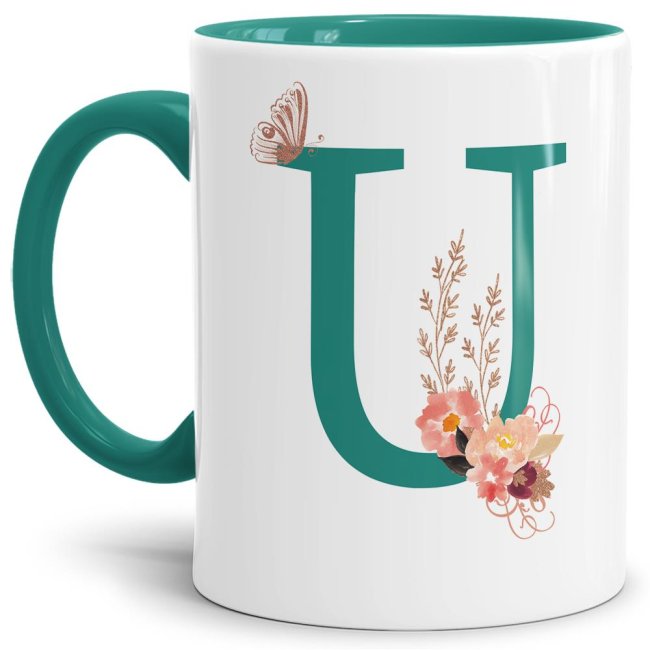 Bild von Buchstaben-Tasse mit Blumen Buchstabe U" - Innen & Henkel Türkis"