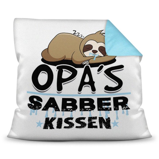 Bild von Kuschel-Kissen mit Spruch für Opa - Opas Sabber-Kissen - Farbkissen Rückseite Hellblau