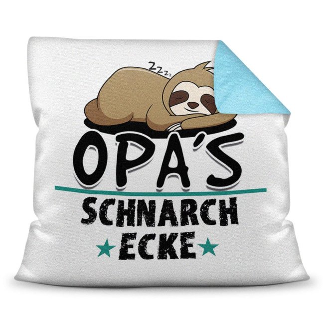 Bild von Kuschel-Kissen mit Spruch für Opa - Opas Schnarch-Ecke - Farbkissen Rückseite Hellblau