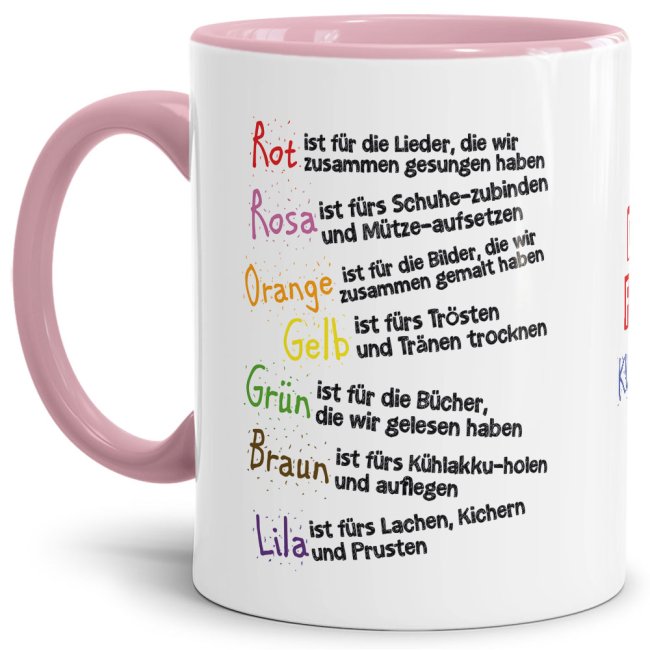 Bild von Tasse für Kinder mit Spruch zum Kitaabschied - Danke für die Kitazeit - Innen & Henkel Rosa