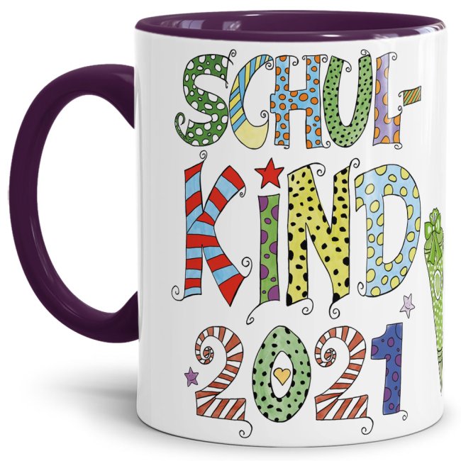 Bild von Tasse für Kinder zur Einschulung mit Spruch - Schulkind 2021 Junge - Innen & Henkel Violett