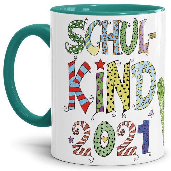 Bild von Tasse für Kinder zur Einschulung mit Spruch - Schulkind 2021 Junge - Innen & Henkel Türkis