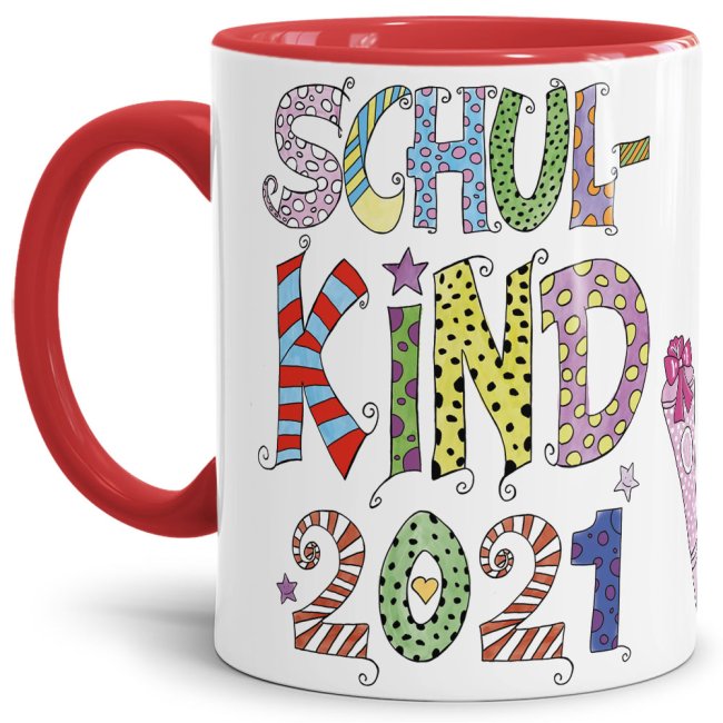 Bild von Tasse für Kinder zur Einschulung mit Spruch - Schulkind 2021 Mädchen - Innen & Henkel Rot