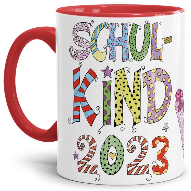 Bild von Tasse für Kinder zur Einschulung mit Spruch - Schulkind 2023 Mädchen - Innen & Henkel Rot