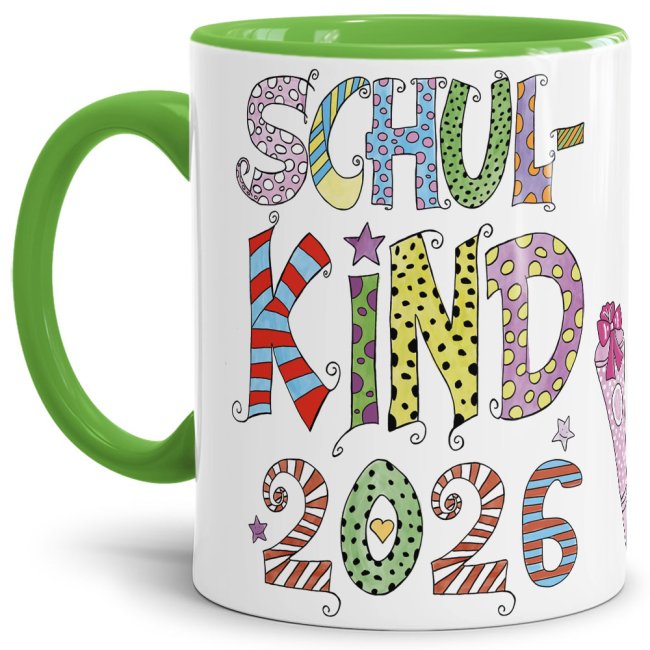 Bild von Tasse für Kinder zur Einschulung mit Spruch - Schulkind 2026 Mädchen - Innen & Henkel Hellgrün