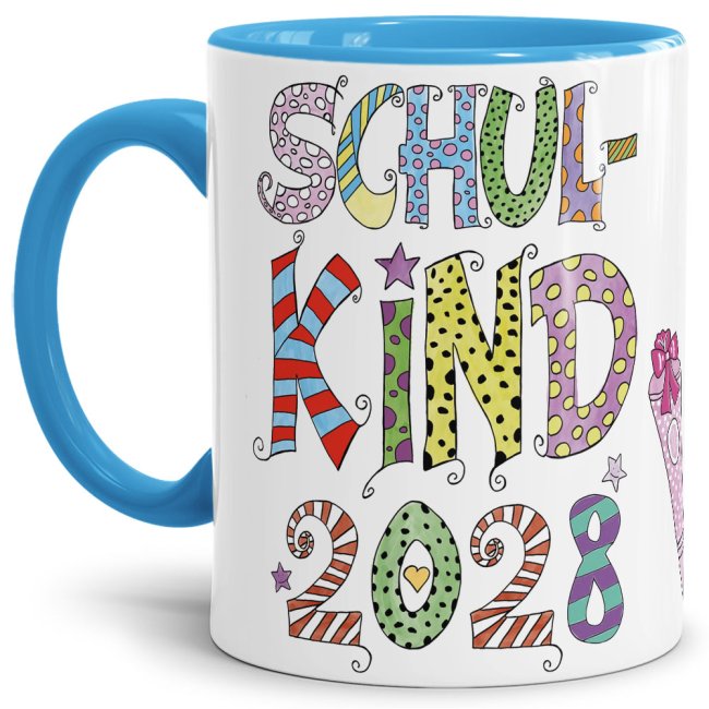 Bild von Tasse für Kinder zur Einschulung mit Spruch - Schulkind 2028 Mädchen - Innen & Henkel Hellblau