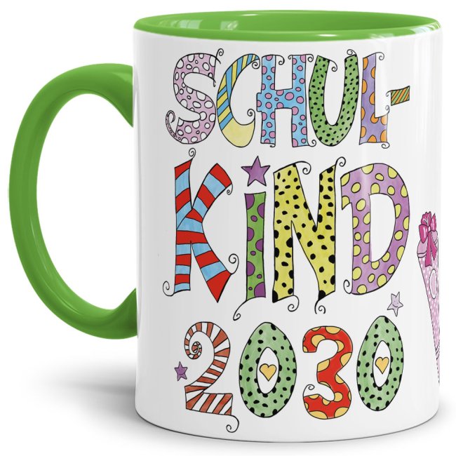 Bild von Tasse für Kinder zur Einschulung mit Spruch - Schulkind 2030 Mädchen - Innen & Henkel Hellgrün