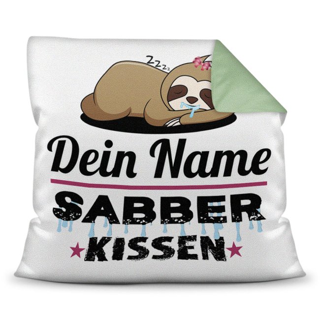 Bild von Kissen Faultier personalisiert mit Wunschname - Ihr Sabberkissen - Farbkissen Rückseite Seegrün
