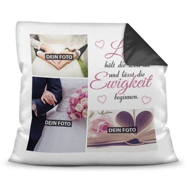 Bild von Hochzeitskissen mit Fotocollage - Liebe hält die Zeit an - Rückseite Schwarz