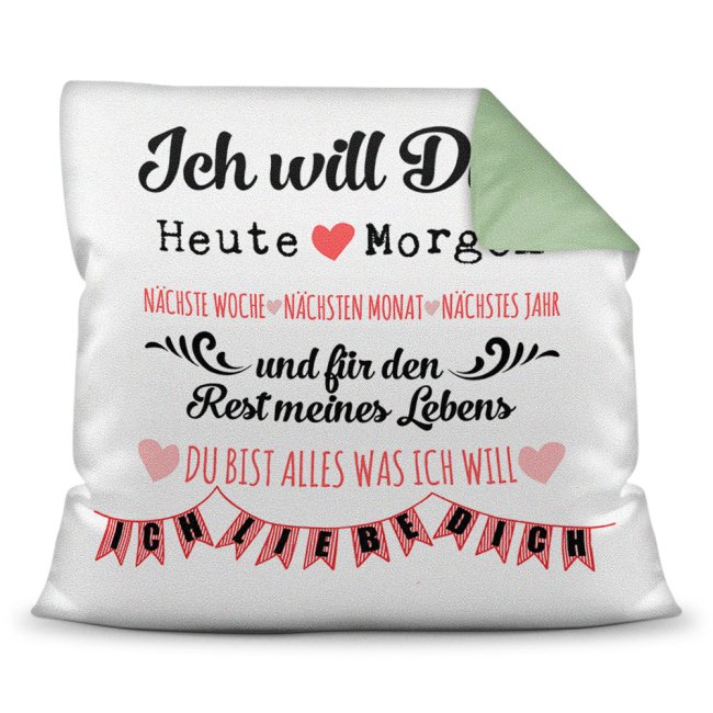 Bild von Kissen mit Spruch - Liebeserklärung - in Rot - Farbkissen Rückseite Seegrün