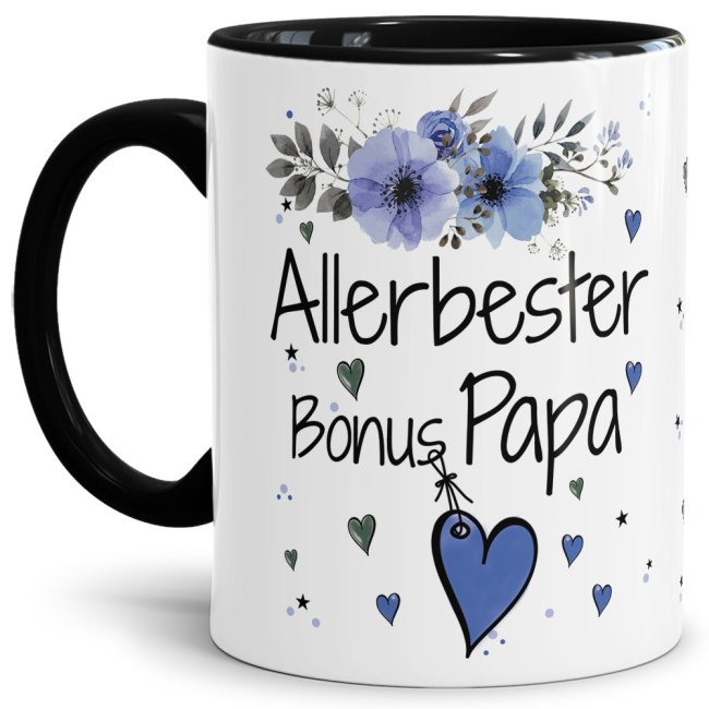 Bild von Tasse mit schönem Blumenmotiv - Allerbester Bonus Papa - Innen & Henkel Schwarz