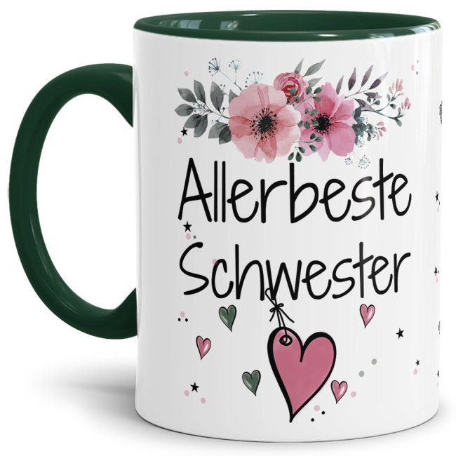Bild von Tasse mit schönem Blumenmotiv - Allerbeste Schwester - Innen & Henkel Dunkelgrün