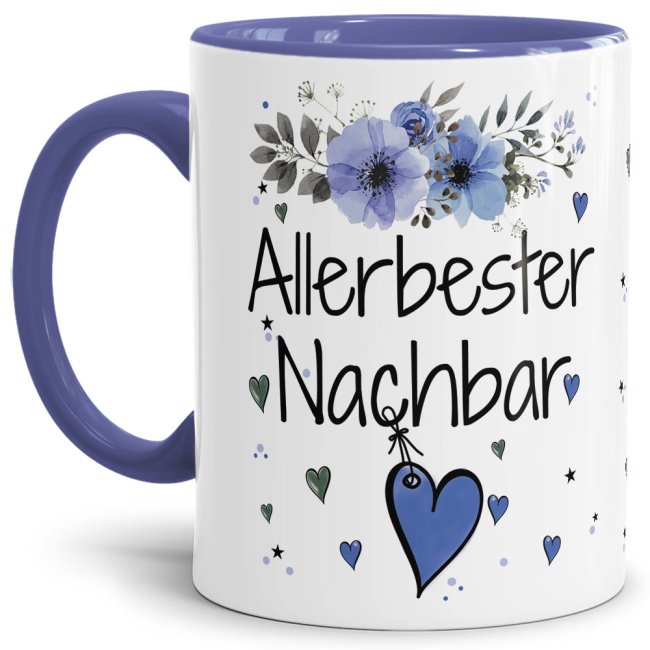 Bild von Tasse mit schönem Blumenmotiv - Allerbester Nachbar - Innen & Henkel Cambridge Blau