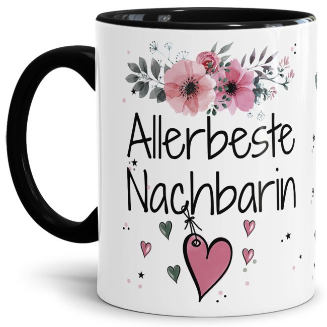 Bild von Tasse mit schönem Blumenmotiv - Allerbeste Nachbarin - Innen & Henkel Schwarz
