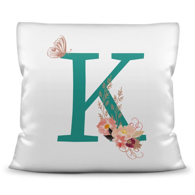 Bild von Buchstaben-Kissen mit verziertem Monogramm Buchstabe K Türkis