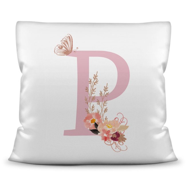 Bild von Buchstaben-Kissen mit verziertem Monogramm Buchstabe P Rosa