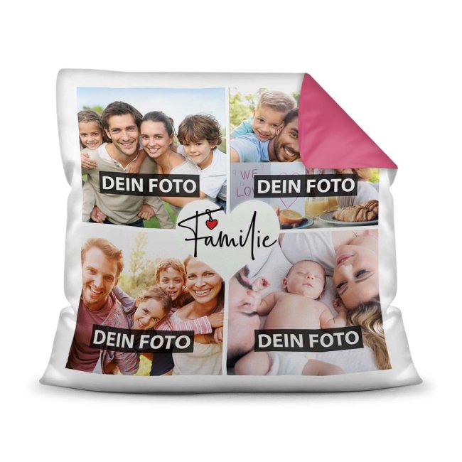 Bild von Kissen mit Füllung - Fotocollage zum selbst Gestalten - Familie - mit vier Fotos - Rückseite Pink