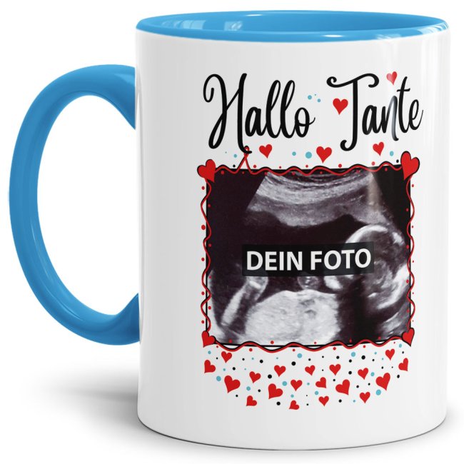 Bild von Tasse - Hallo Baby - personalisierbar mit Ultraschallbild für die Tante - Innen & Henkel Hellblau