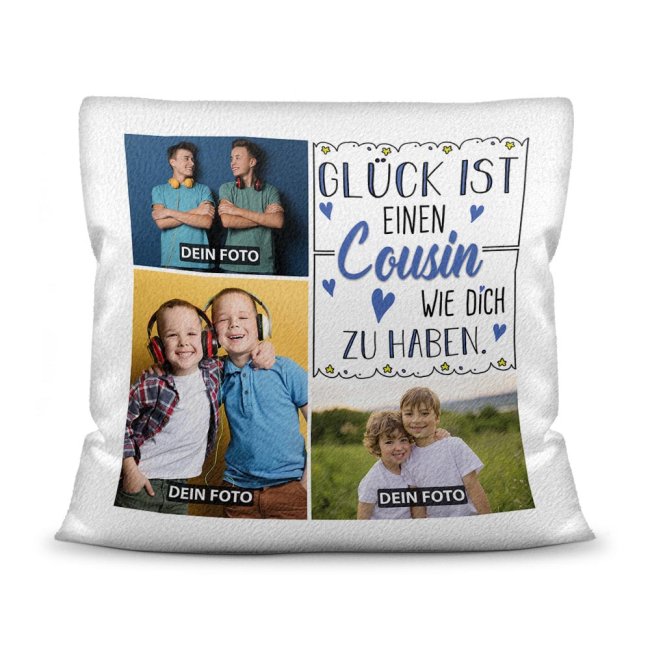 Bild von Kissen mit Füllung - Fotocollage - GLÜCK - zum selbst Gestalten mit drei Fotos für den Cousin - Weiß flauschig