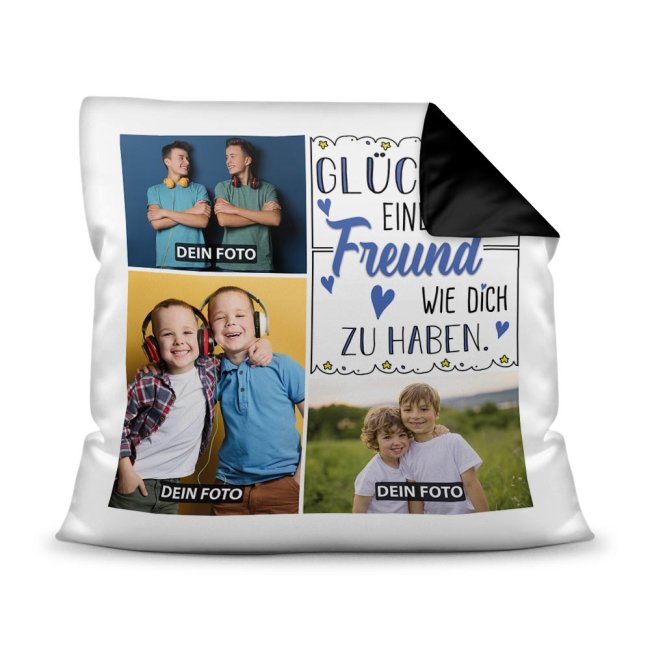Bild von Kissen mit Füllung - Fotocollage - GLÜCK - zum selbst Gestalten mit drei Fotos für den Freund - Rückseite Schwarz