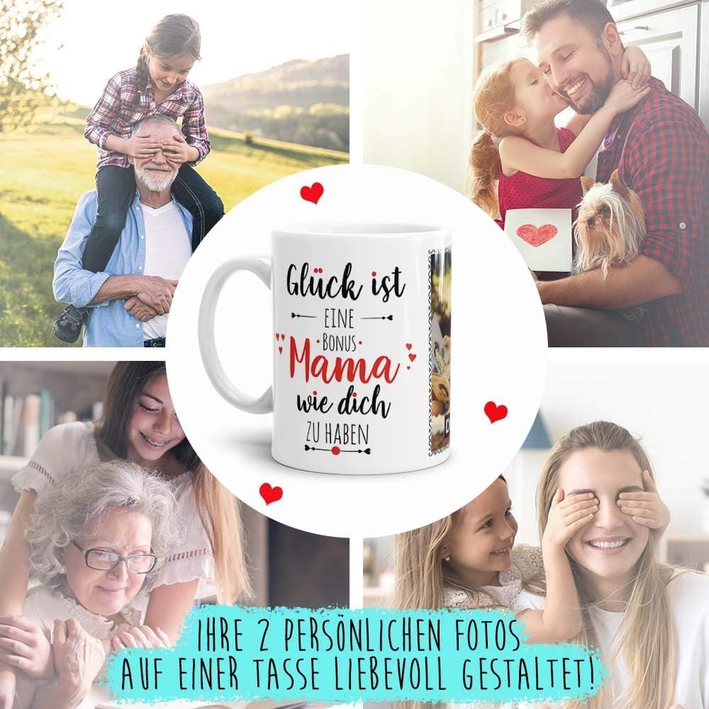 Bild von Tassendruck Fototasse mit Spruch für die Bonus Mama - Glück ist, jemanden wie Dich zu haben - zum Selbst gestalten mit 2 Fotos, Innen & Henkel Rot, 300 ml