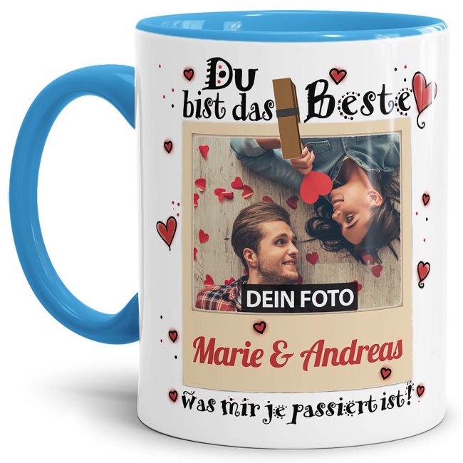 Bild von Tasse mit Spruch - Du bist das Beste - Innen & Henkel Hellblau