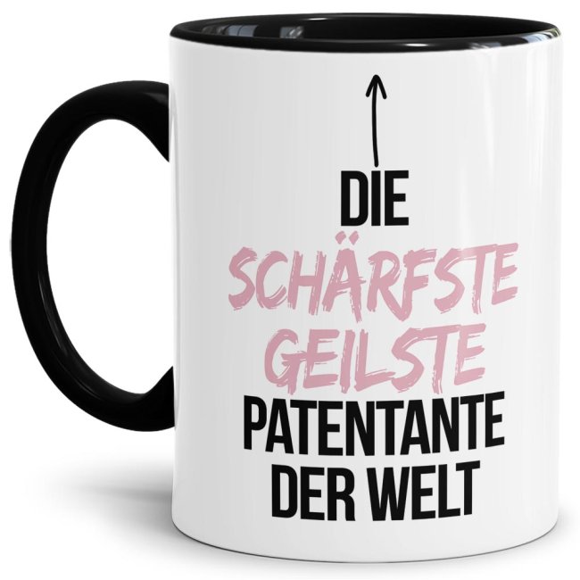 Bild von Tasse mit Spruch - Du bist die schärfste, geilste Patentante der Welt - Innen & Henkel Schwarz