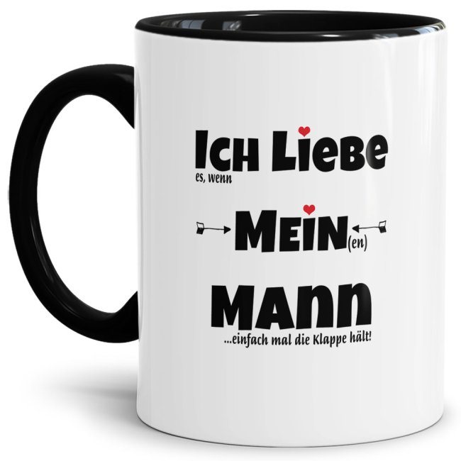 Bild von Tasse mit Spruch - Ich liebe meinen Mann, wenn er die Klappe hält - Innen & Henkel Rot