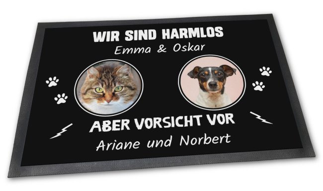 Bild von Fußmatte mit Spruch - Wir sind harmlos - aber Vorsicht vor X - mit Fotos und Namen - 75 x 50 cm