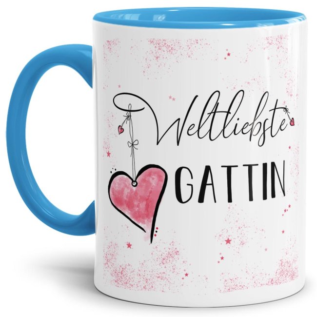 Bild von Tasse mit Kosename - Weltliebste Gattin - Innen & Henkel Hellblau
