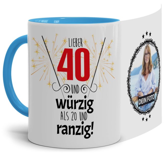 Bild von Tasse zum 40. Geburtstag mit Foto - Lieber 40 statt 20 - Innen & Henkel Hellbau