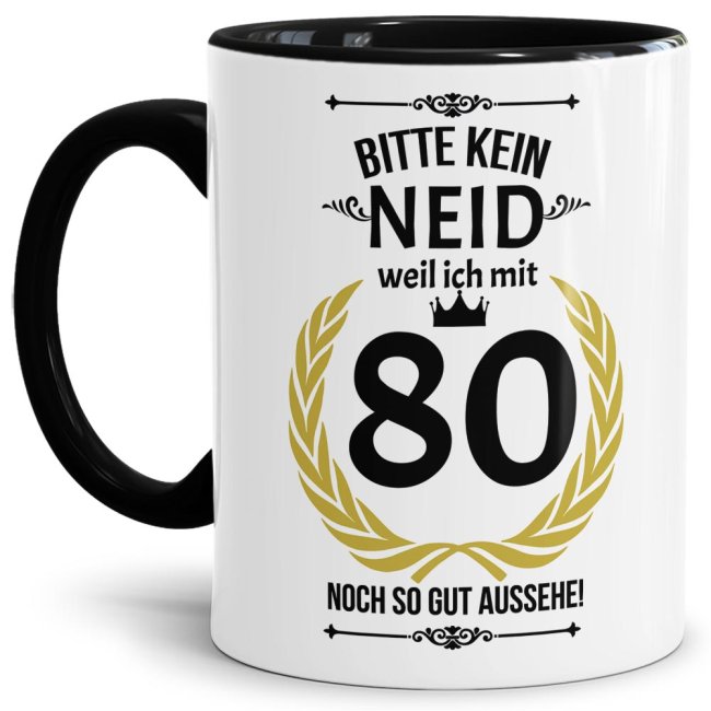 Bild von Tasse zum Geburtstag - 80 Jahre - mit lustigem Spruch - Innen & Henkel Schwarz