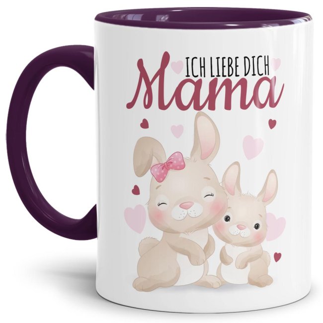 Bild von Tasse mit Tiermotiv Hasen - Mama ich liebe Dich - Innen & Henkel Violett