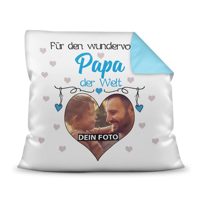 Bild von Kissen für den wundervollsten Papa mit Fotocollage Herz - inkl. Füllung - Rückseite Hellblau