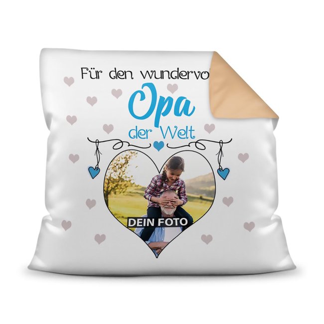 Bild von Kissen für den wundervollsten Opa mit Fotocollage Herz - inkl. Füllung - Rückseite Beige