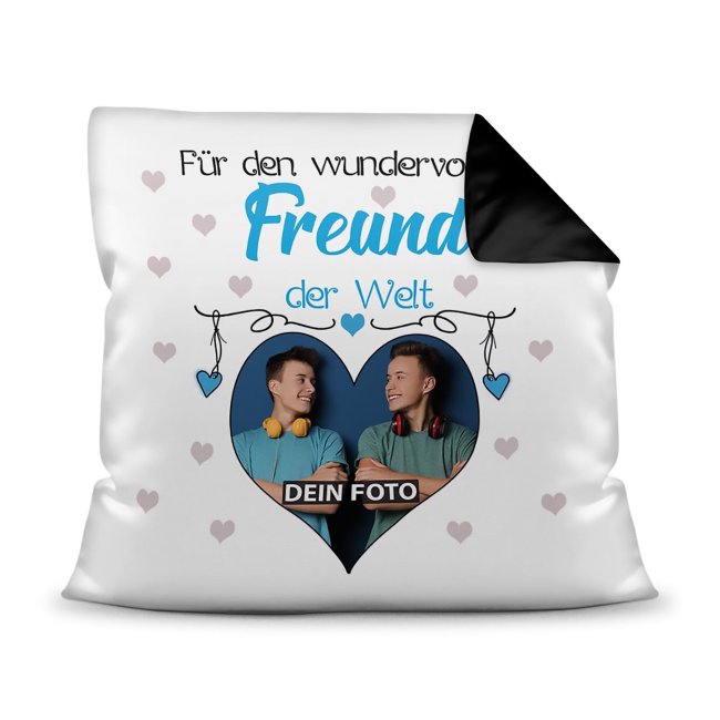 Bild von Kissen für den wundervollsten Freund mit Fotocollage Herz - inkl. Füllung - Rückseite Schwarz