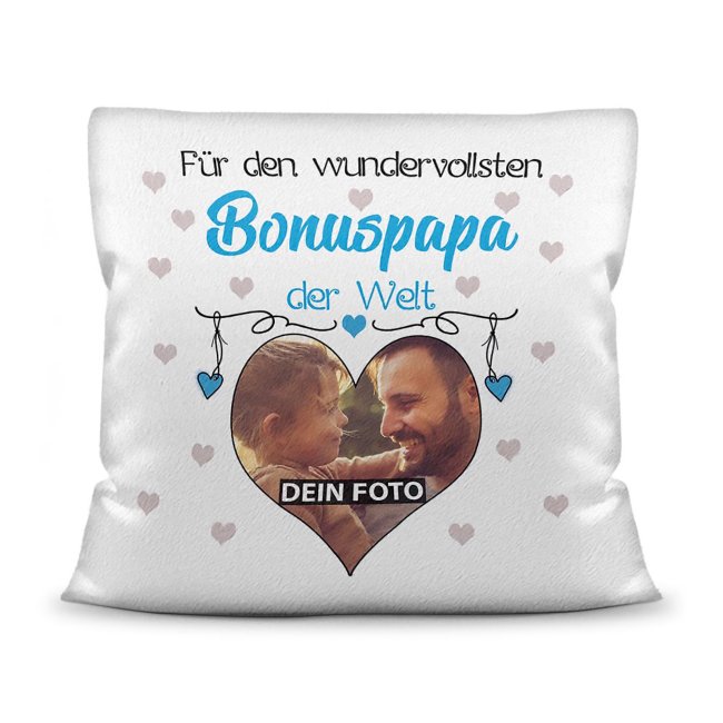 Bild von Kissen für den wundervollsten Bonuspapa mit Fotocollage Herz - inkl. Füllung - Weiß flauschig