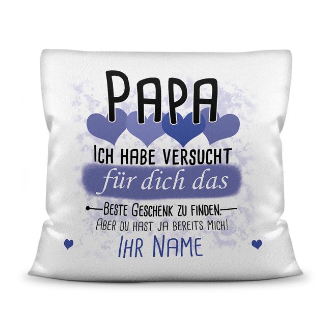 Bild von Kissen - Geschenk für Papa von Kind - in Blau mit Wunschname - weiß-flauschig