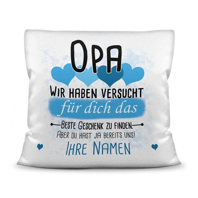 Bild von Kissen - Geschenk für Opa von Kindern - in Hellblau mit Wunschnamen - weiß-flauschig