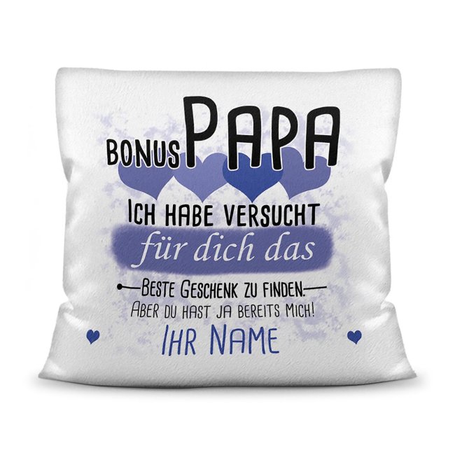 Bild von Kissen - Geschenk für Bonus Papa von Kind - in Blau mit Wunschname - weiß-flauschig