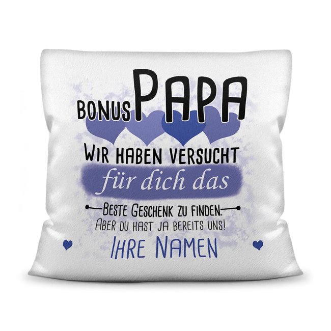 Bild von Kissen - Geschenk für Bonus Papa von Kindern - in Blau mit Wunschnamen - weiß-flauschig