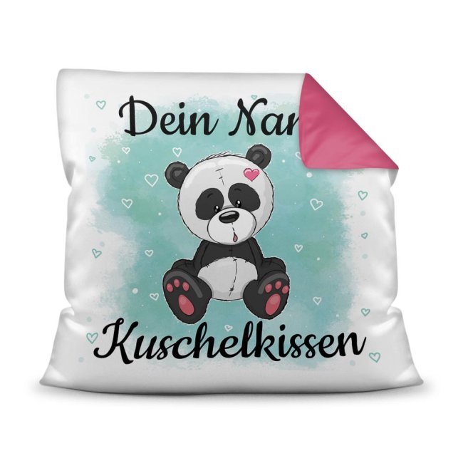 Bild von Kinderkissen mit Tiermotiv und Wunschname - Panda - Rückseite Pink
